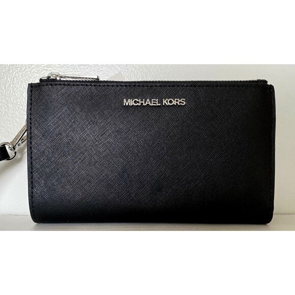 New Michael Kors Jet Set Travel Double zip wristlet Leather wallet Black /Silver - Picture 1 of 7